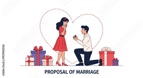 Romantic marriage proposal scene with a man kneeling before a woman surrounded by gift boxes and a large heart outline for wedding concepts.