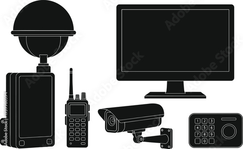 Black Silhouette Set of Security System Icons Featuring Surveillance Camera Monitor Walkie Talkie Keypad and Alarm for Home Protection Business Safety and Monitoring Services