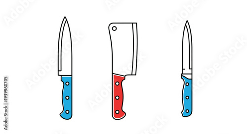 Collection of three kitchen knife icons with blue and red handles including a chef knife and a meat cleaver for culinary and cooking designs.