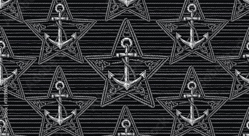 Nautical anchor and star seamless pattern with white drawings on a dark striped background for maritime fashion and sailing themed wallpapers.