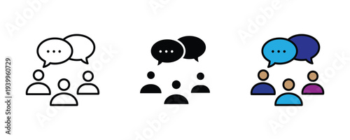 Team collaboration and group discussion icon set. People with speech bubbles symbol. Vector Illustration.
