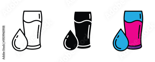 Glass of water with droplet icon set. Healthy hydration and liquid refreshment symbol. Vector Illustration.