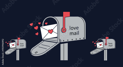 Love mail concept with a gray mailbox full of envelopes and floating red hearts against a dark blue background for romantic communications.
