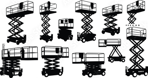 Industrial scissor lift silhouettes, construction equipment, aerial platform, flat vector