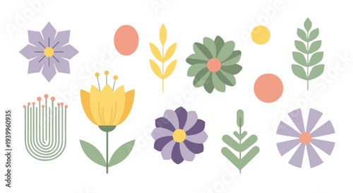 Flat lay of various colorful flowers and leaves on a white background with a minimalist design style.