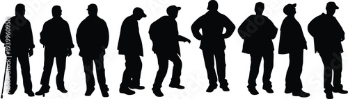 Black silhouette set of senior men wearing jackets and hats standing in various outdoor poses including walking with a cane isolated on white background