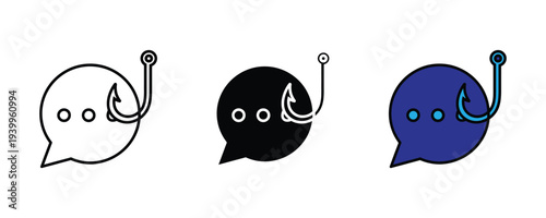 Phishing and social engineering icon set. Chat bubble with fish hook security threat symbol. Vector Illustration.