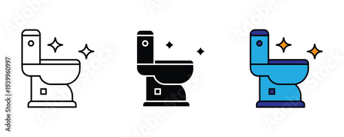Clean toilet icon set. Sparkling sanitary bathroom commode symbol. Vector Illustration.