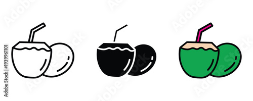 Fresh coconut water icon set. Tropical drink with straw symbol. Vector Illustration.