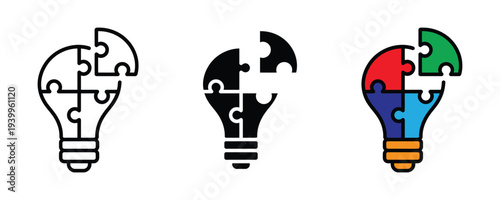 Jigsaw puzzle light bulb icon set. Creative problem solving and idea generation symbol. Vector Illustration.
