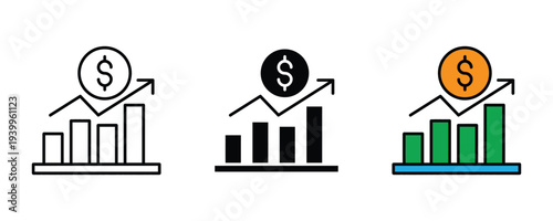 Financial growth and investment success icon set. Bar chart with rising arrow and dollar coin symbol. Vector Illustration.