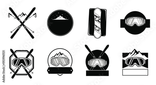 Winter sports badges and logos set featuring skis snowboards and goggles for mountain resort branding and outdoor adventure equipment shops.