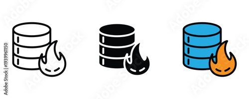 Database firewall and server protection icon set. Data storage with flame security symbol. Vector Illustration.