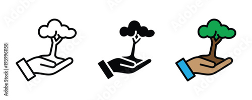 Hand holding a tree icon set. Environmental conservation and reforestation symbol. Vector Illustration.