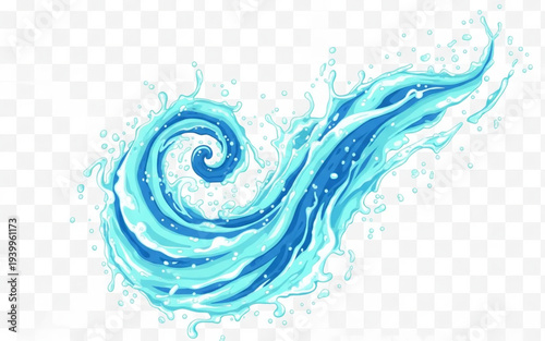 Swirling blue liquid splash illustration on transparent background from a top viewpoint.
