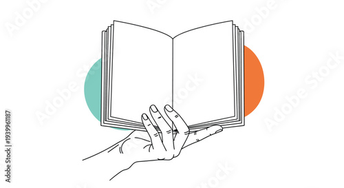 Hand holding an open blank book with white pages against a decorative background featuring teal and orange circular shapes on white.