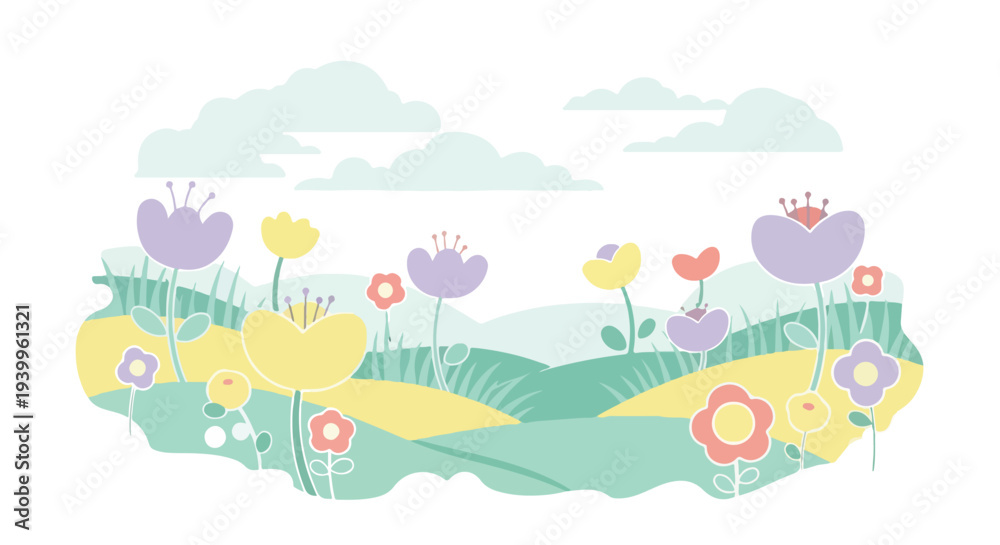 Naklejka premium Colorful flat illustration of a vibrant floral landscape with purple, yellow, and pink flowers against a white background with green hills and clouds.