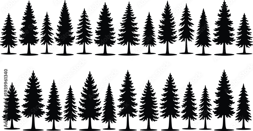 Obraz premium Black silhouette set of various evergreen pine trees and firs in two horizontal rows isolated on white background for forest landscape and nature designs