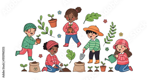 Illustration of diverse children planting and tending to plants with gardening tools on a white background with a playful and educational mood.