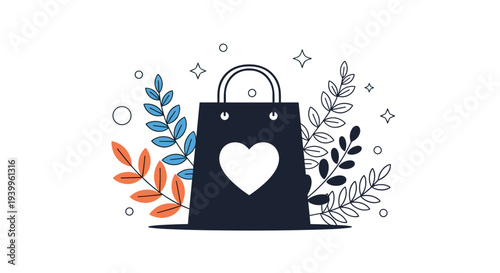 Simple shopping bag illustration featuring a heart symbol at the center surrounded by stylized leaves and sparkling stars.