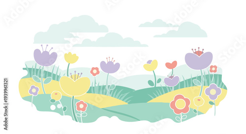 Colorful flat illustration of a vibrant floral landscape with purple, yellow, and pink flowers against a white background with green hills and clouds.