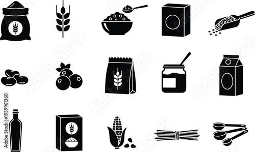 Food and kitchen icons featuring grains, cereal, beans, fruits, dairy, pasta, cooking tools, and staple ingredients in minimalist silhouettes