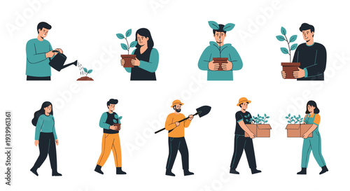 Collection of diverse people engaged in gardening activities like planting saplings, watering plants, and carrying boxes of seedlings.