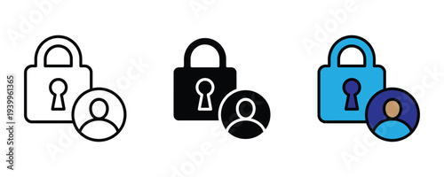 User privacy and account security icon set. Padlock with person profile symbol. Vector Illustration.