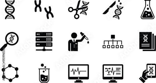 Genetics and biotechnology icons featuring DNA, chromosomes, gene editing, laboratory research, bioinformatics, molecular biology, and digital health applications