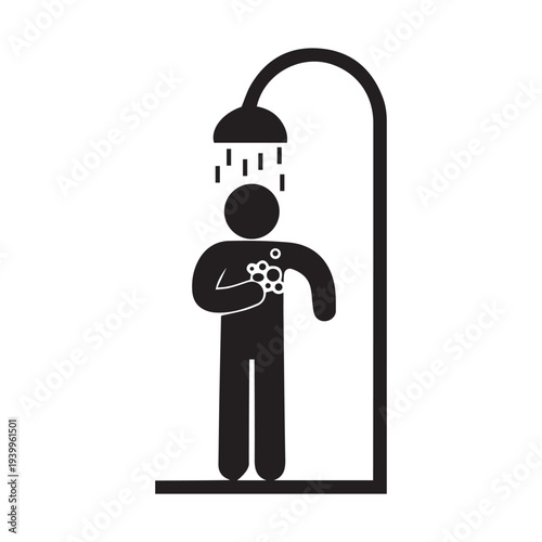 icon man washing in the shower, stick figure human silhouette, shower cabin isolated symbol
