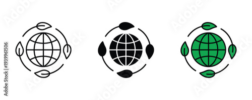 Global ecology and environmental sustainability icon set. Green earth with leaf circulation symbol. Vector Illustration.