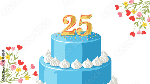A blue two-tier birthday cake with white frosting and a gold '25' candle on top surrounded by colorful floral decorations on a white background.