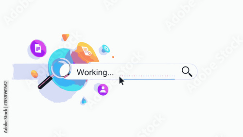 Graphic illustration of a magnifying glass over a search bar with colorful icons and a cursor clicking on the button.