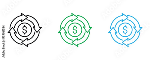 Cash flow and money circulation icon set. Financial cycle and revenue reinvestment symbol. Vector Illustration.