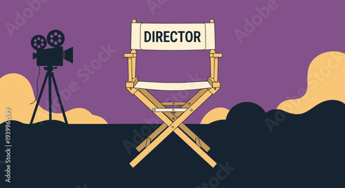 Film industry concept showing a wooden director's chair in focus with a silhouette of a movie camera in the background under a purple sky.