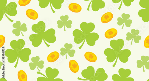 Festive seamless pattern for St. Patrick's Day featuring bright green three-leaf clovers and shiny gold coins scattered across a pale background.