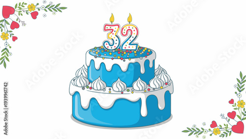 Digital illustration of a blue birthday cake with white icing and colorful decorations on a white background with floral designs in the corners.