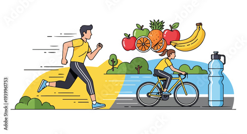 Healthy lifestyle running and cycling with fresh fruits water bottle minimal line art