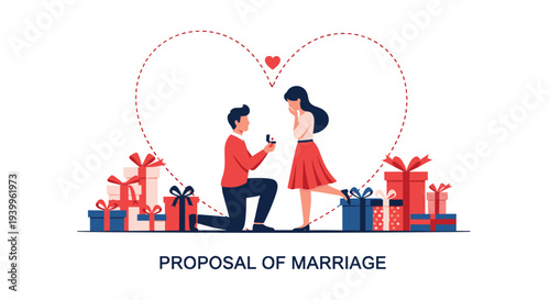 Romantic marriage proposal scene showing a man kneeling before a woman with a ring, surrounded by gift boxes under a heart-shaped line.