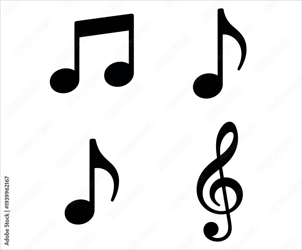 Fototapeta premium Set of black musical notes and treble clef on white background vector illustration.