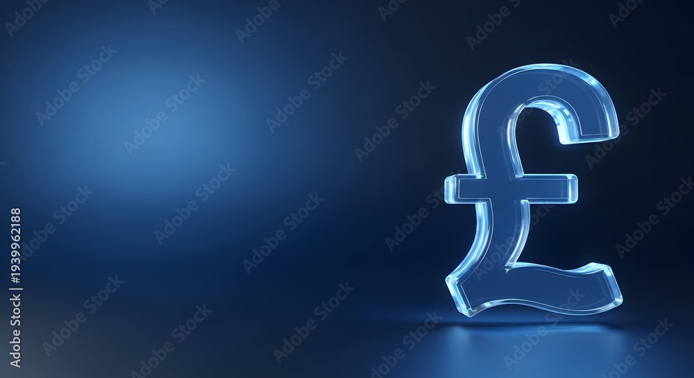 Obraz premium Glowing Blue Pound Sterling Currency Symbol on a Dark Reflective Background