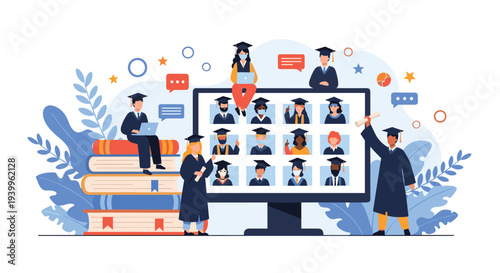 Modern graduation ceremony concept showing students in caps and gowns attending a virtual commencement on a large computer monitor.
