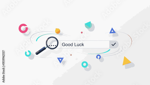 Flat lay of a colorful search bar graphic with a magnifying glass and various shapes on a white background.