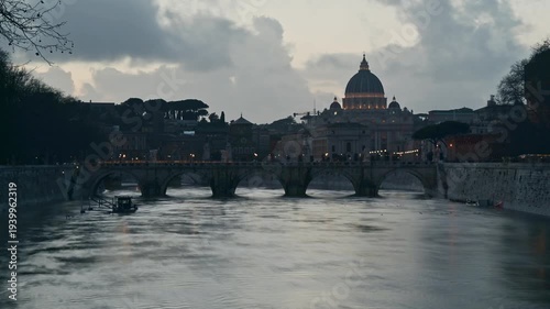 Time lapse of St. Peter's Basilica, Sant Angelo Bridge, Vatican, Rome, Italy 4K
