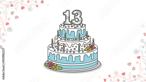 Illustration of a three-tiered birthday cake with blue icing and colorful decorations, featuring a '13' candle on top, against a white background with floral designs.