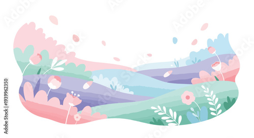 Digital illustration of a colorful, abstract floral pattern with wavy lines and leaves in pastel shades on a white background.