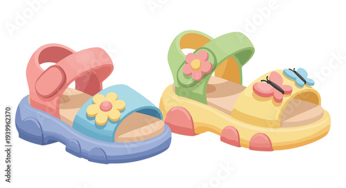 A pair of colorful children's sandals with flower decorations on a plain white background.