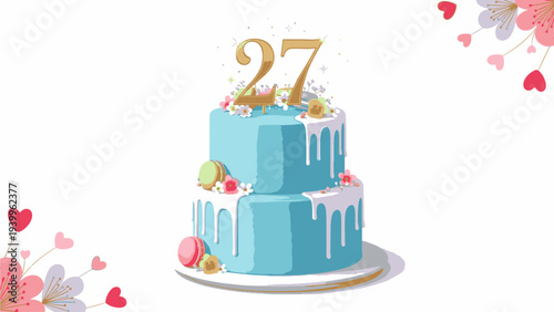 A blue two-tier birthday cake with white icing and colorful decorations on a white background with hearts and flowers.