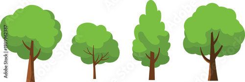Four cartoon trees with green foliage and brown trunks on a white background Keywords: tree, cartoon, illustration, green, nature, foliage, trunk, brown, isolated, white background, simple