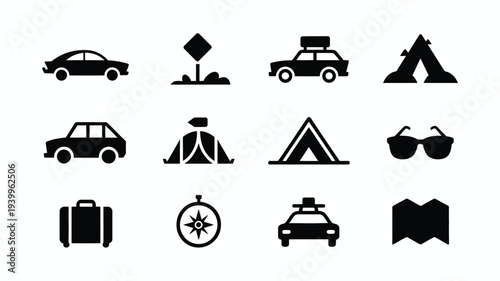 Travel and adventure icons set including car tent camping road trip luggage and navigation symbols in black on white background